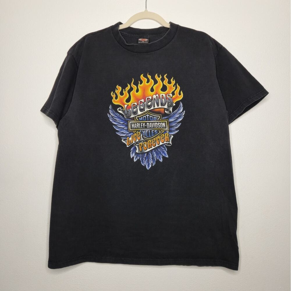 Vintage Harley Davidson Flames Wings Double Sided Black XL Shirt HD Biker